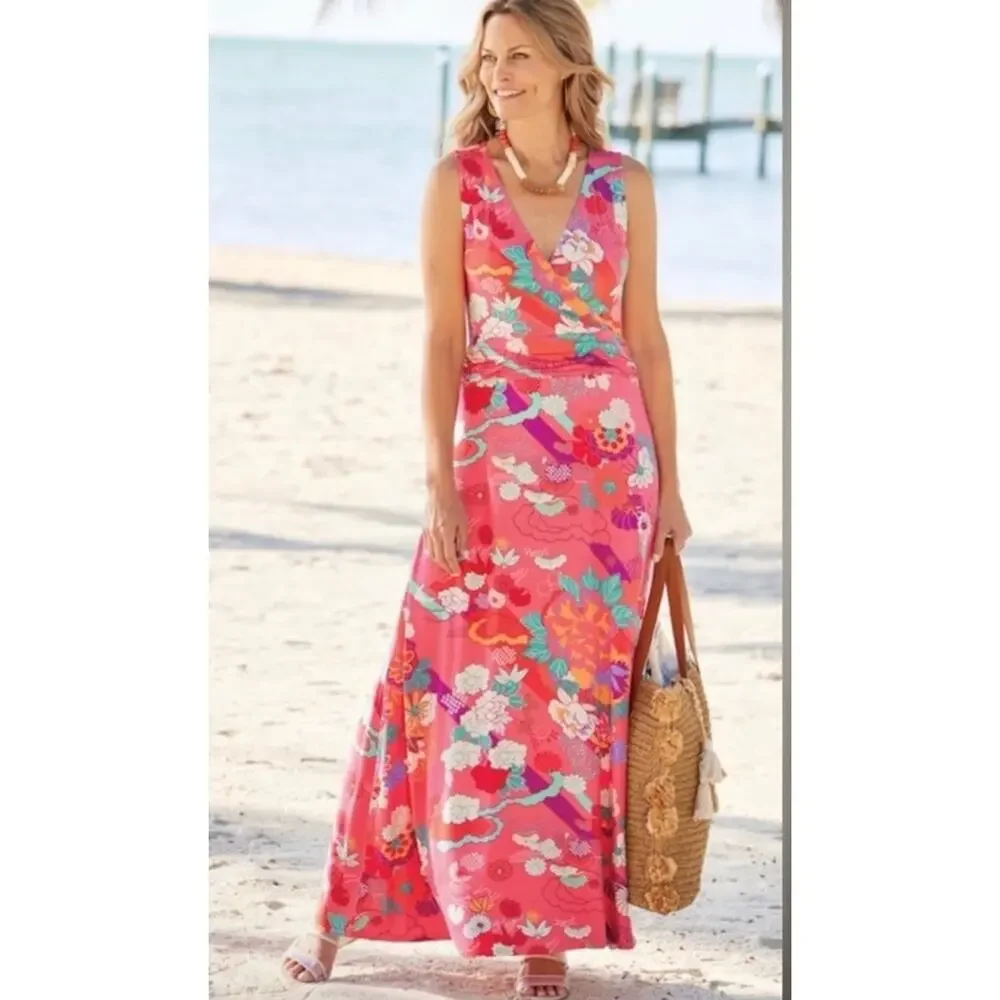 Soft Surroundings Floral Maxi Dress Large Petite Pink Boho Stretch Sleeveless